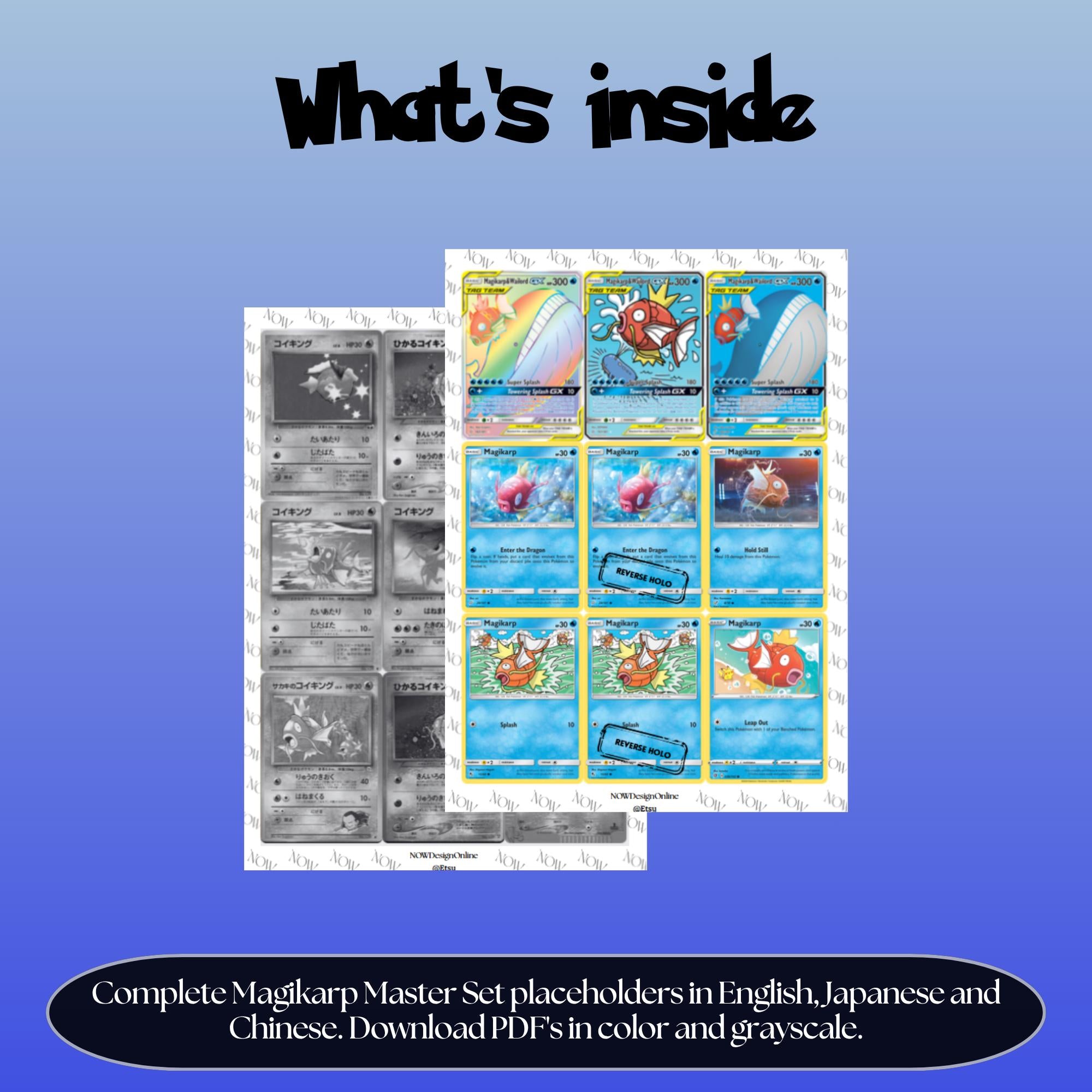 Magikarp binder pages set overview showing the included Pokémon cards to print and cut for your binder sleeves.