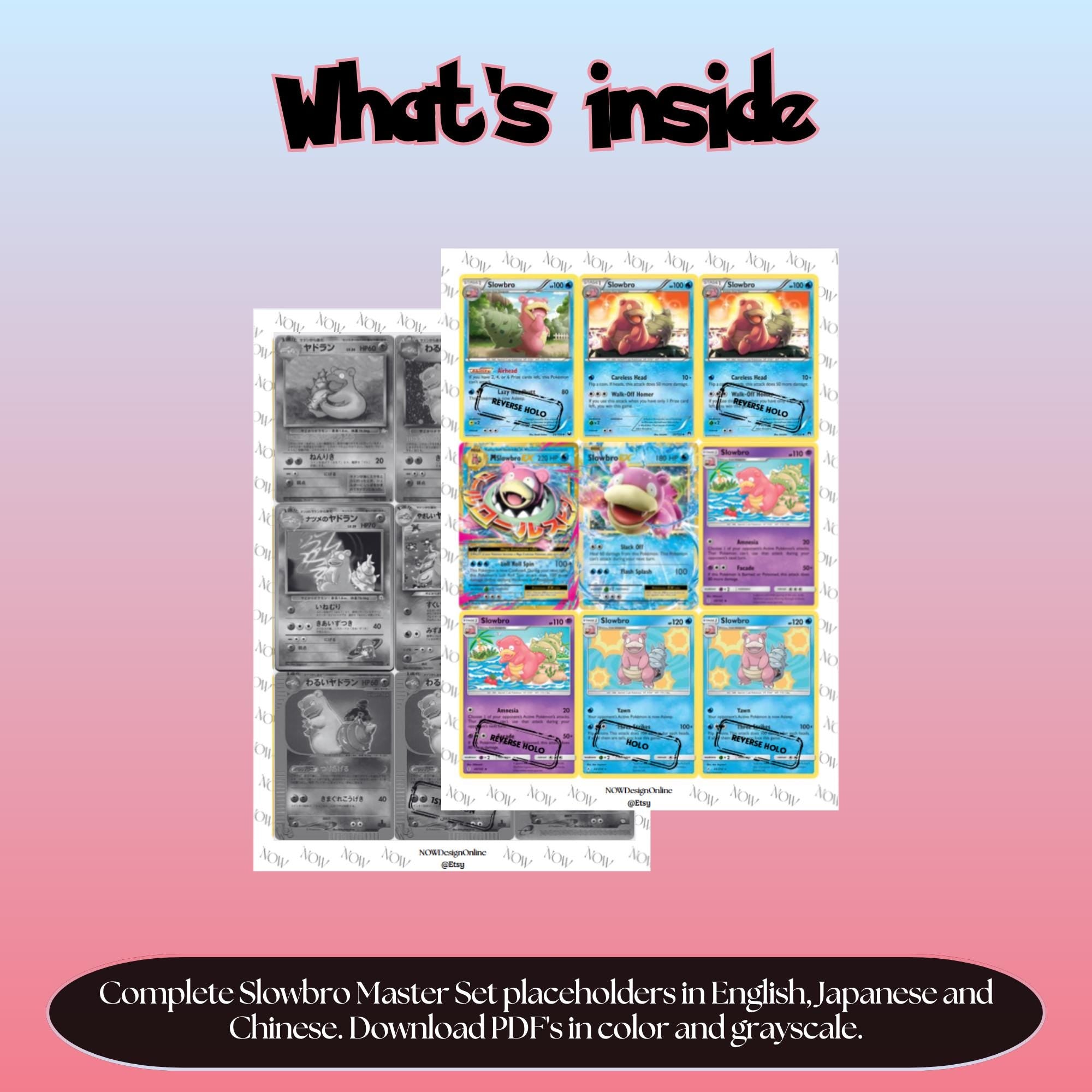 Slowbro binder pages set overview showing the included Pokémon cards to print and cut for your binder sleeves.