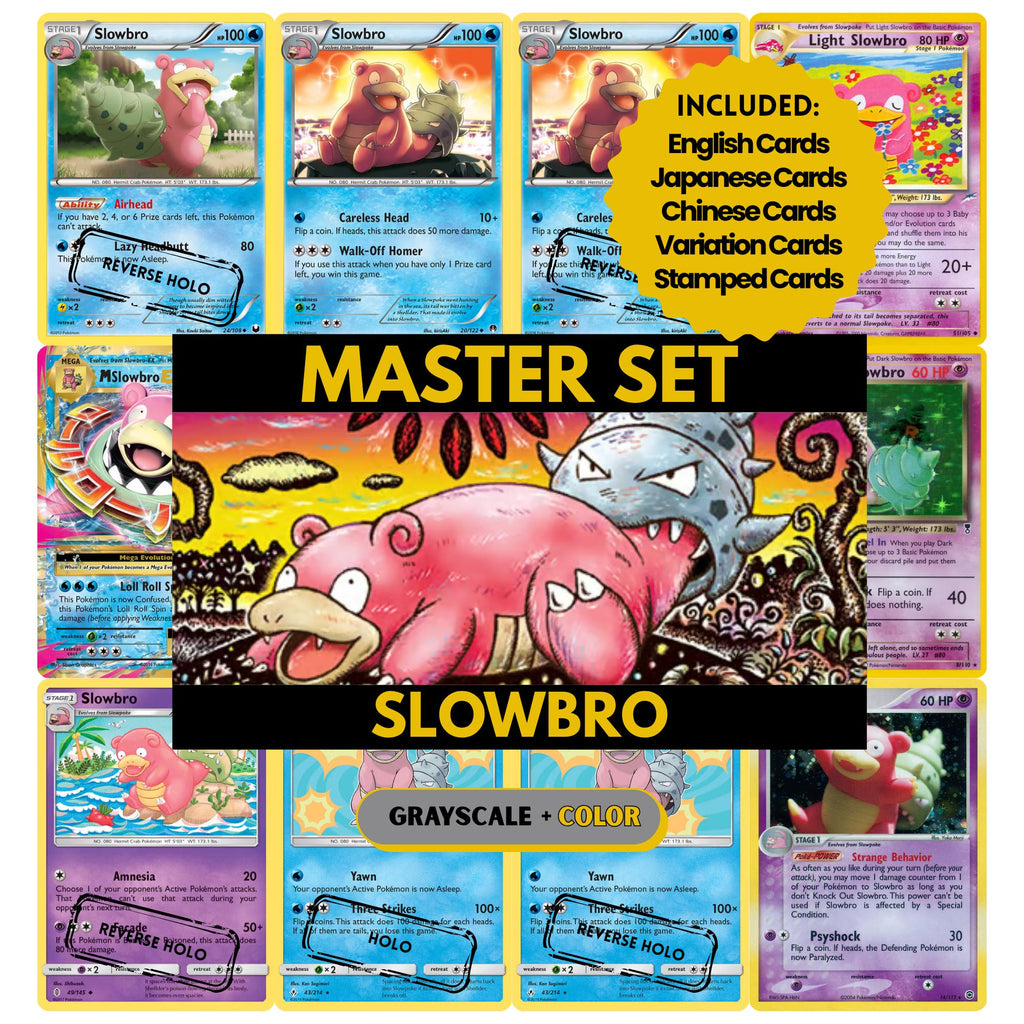 Slowbro binder pages set showing grayscale and color Pokémon cards, designed as a digital download to complete a collector’s binder.