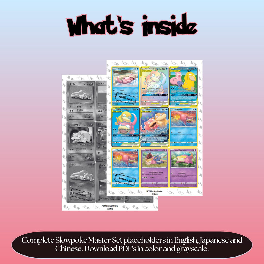 Slowpoke binder pages set overview showing the included Pokémon cards to print and cut for your binder sleeves.