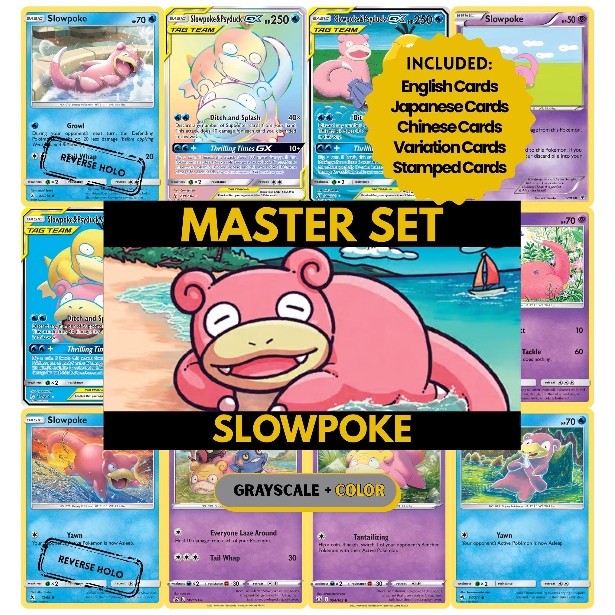 Slowpoke binder pages set showing grayscale and color Pokémon cards, designed as a digital download to complete a collector’s binder.