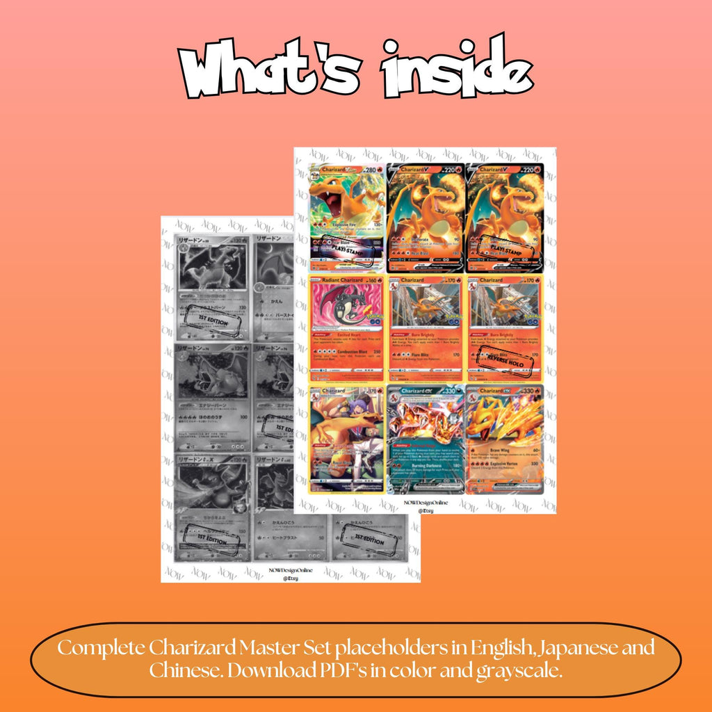 Charizard binder pages set overview showing the included Pokémon cards to print and cut for your binder sleeves.