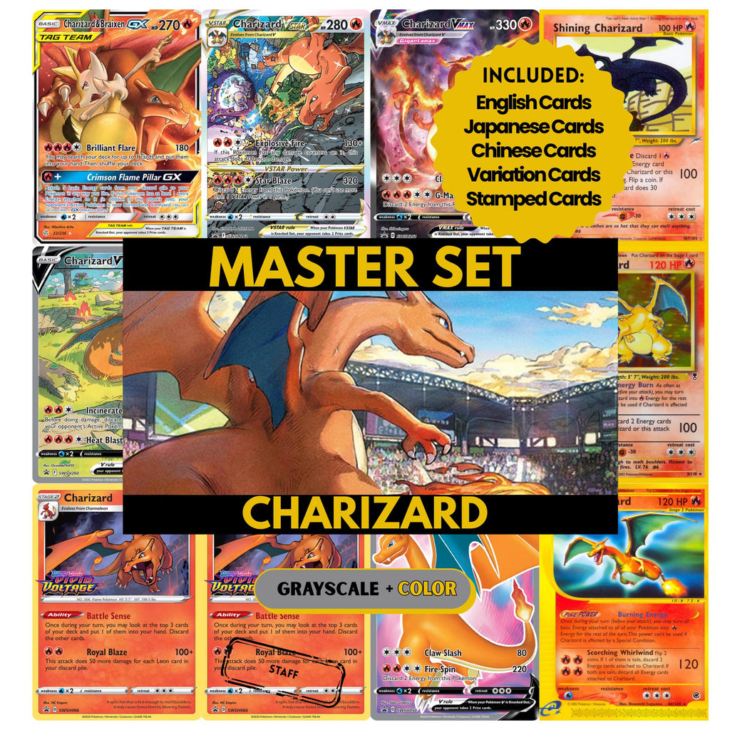 Charizard binder pages set showing grayscale and color Pokémon cards, designed as a digital download to complete a collector’s binder.