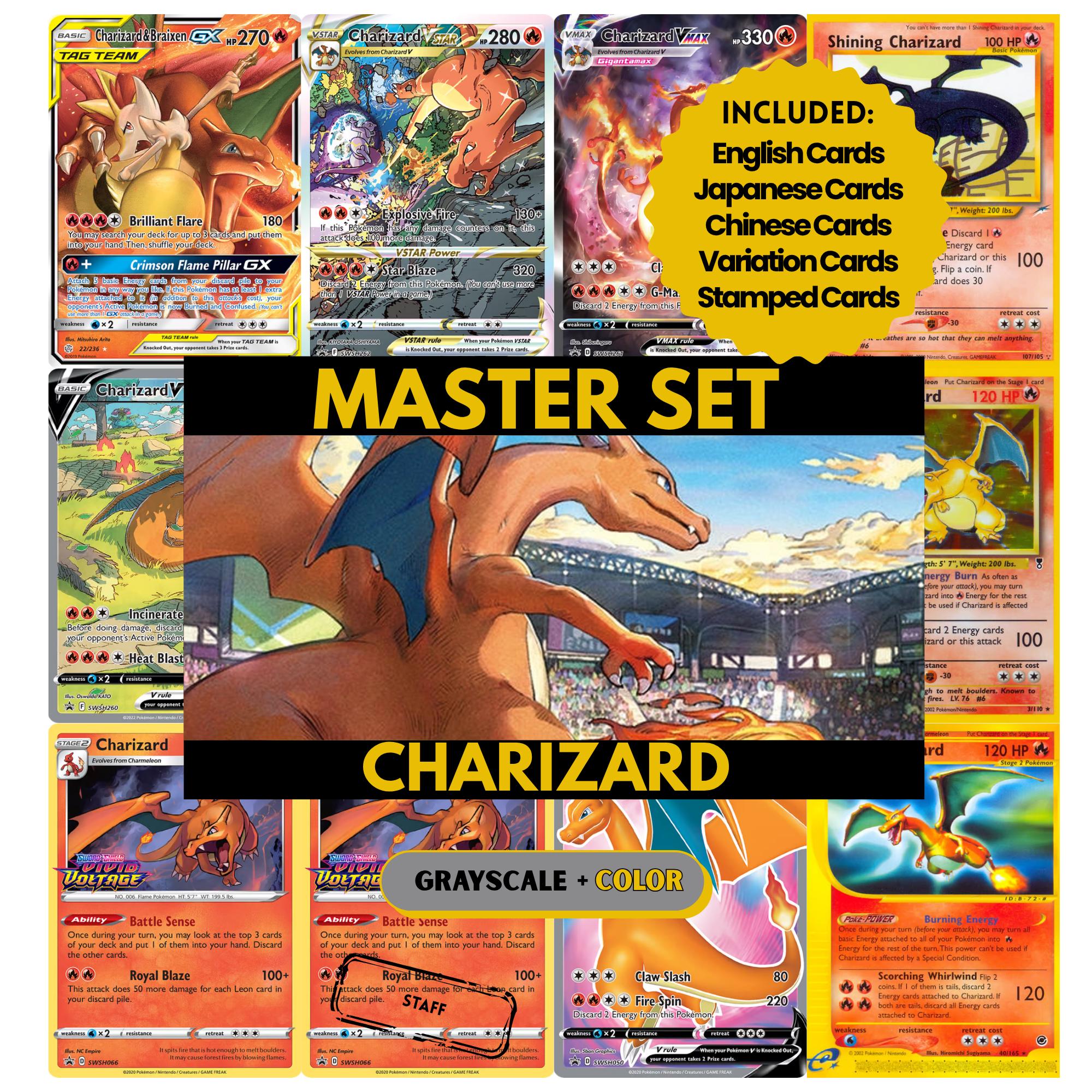 Charizard binder pages set showing grayscale and color Pokémon cards, designed as a digital download to complete a collector’s binder.