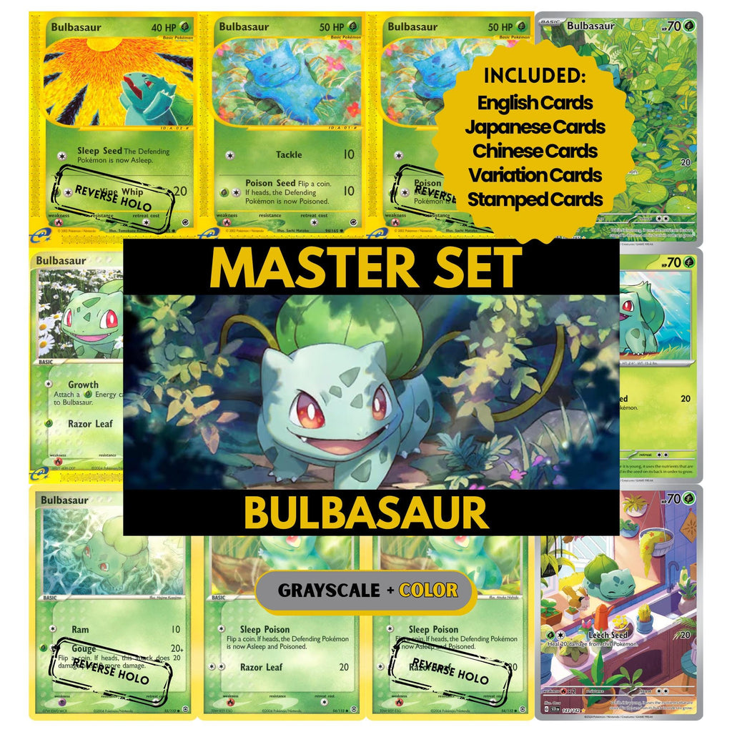 Bulbasaur binder pages set showing grayscale and color Pokémon cards, designed as a digital download to complete a collector’s binder.