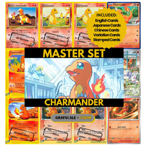 Charmander binder pages set showing grayscale and color Pokémon cards, designed as a digital download to complete a collector’s binder.