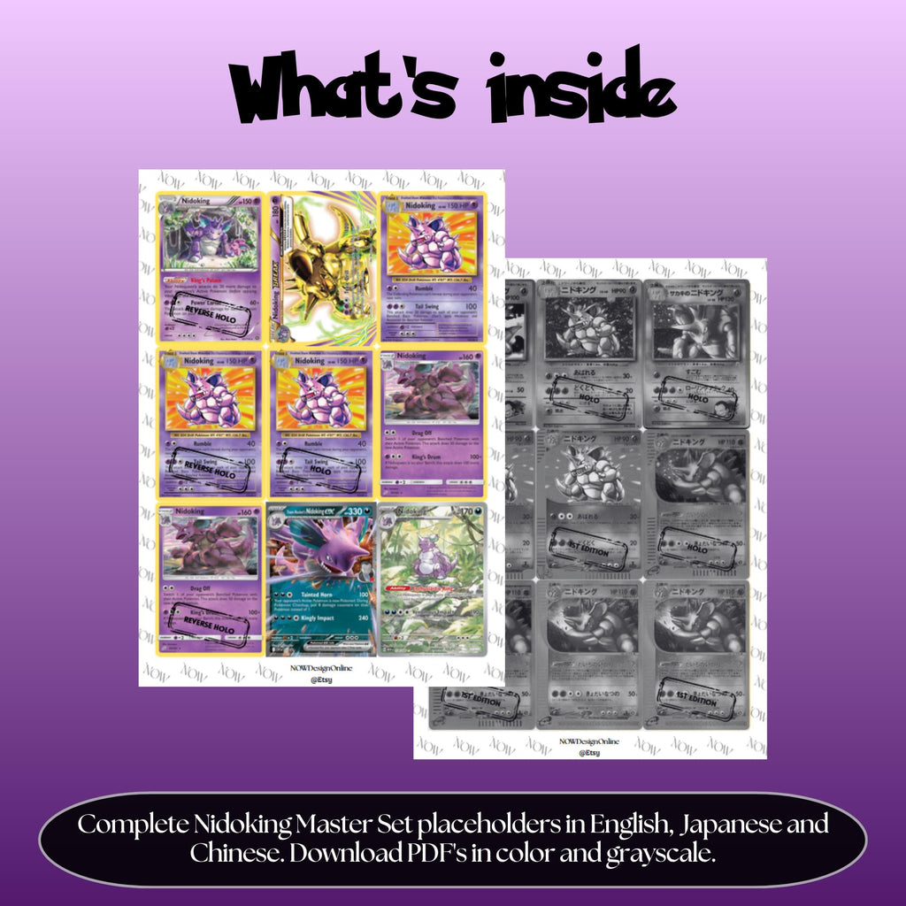 Nidoking binder pages set overview showing the included Pokémon cards to print and cut for your binder sleeves.