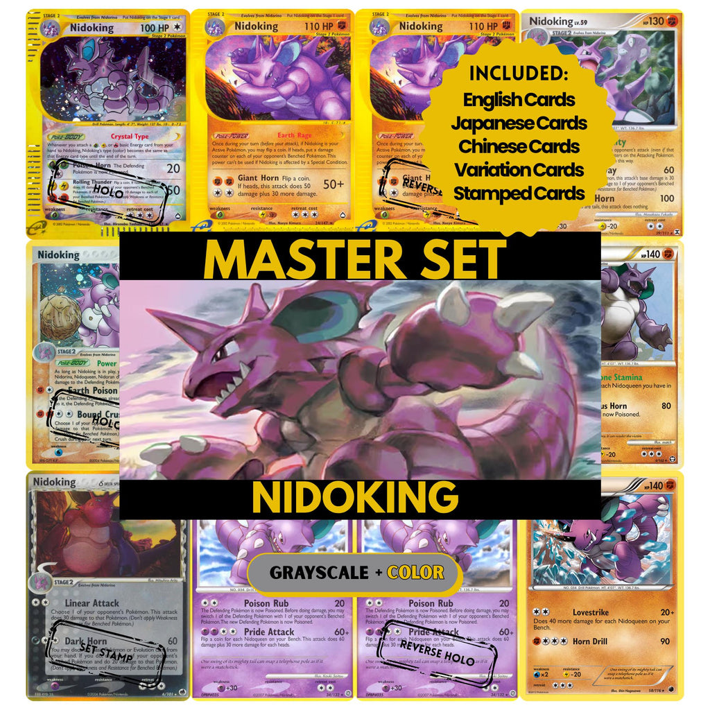 Nidoking binder pages set showing grayscale and color Pokémon cards, designed as a digital download to complete a collector’s binder.