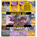 Nidoking binder pages set showing grayscale and color Pokémon cards, designed as a digital download to complete a collector’s binder.