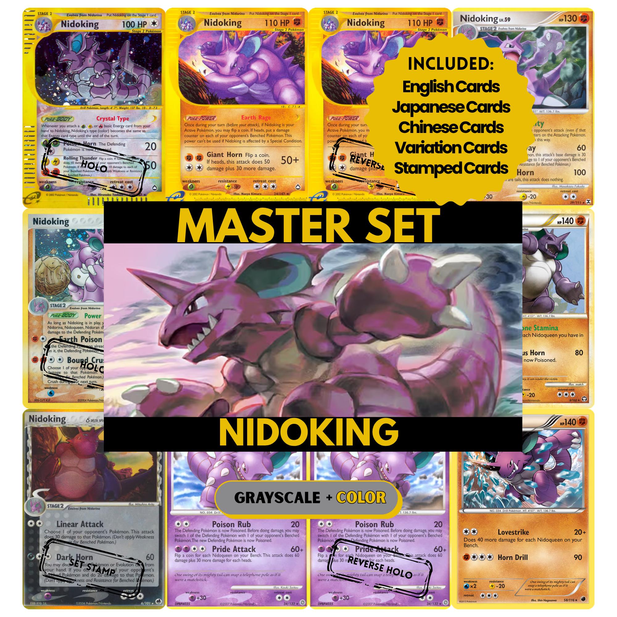 Nidoking binder pages set showing grayscale and color Pokémon cards, designed as a digital download to complete a collector’s binder.