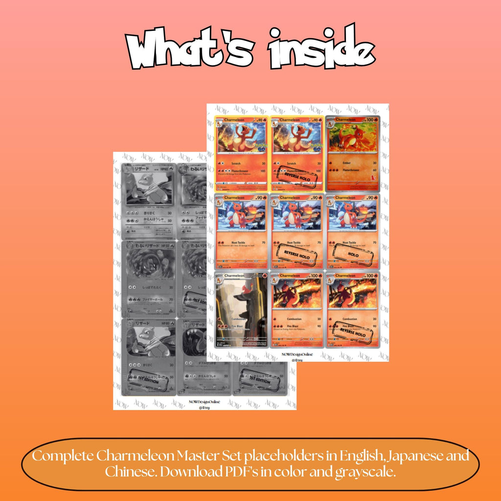 Charmeleon binder pages set overview showing the included Pokémon cards to print and cut for your binder sleeves.