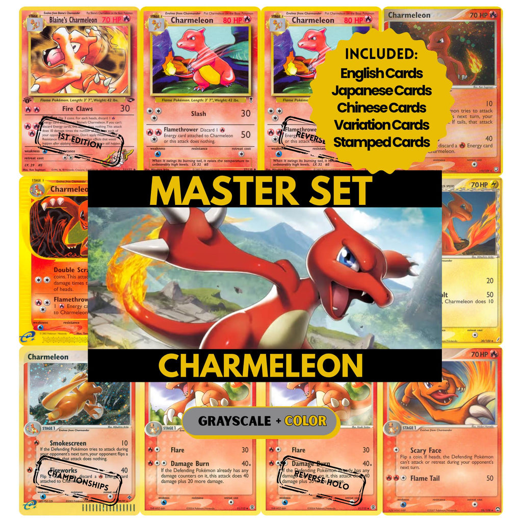 Charmeleon binder pages set showing grayscale and color Pokémon cards, designed as a digital download to complete a collector’s binder.