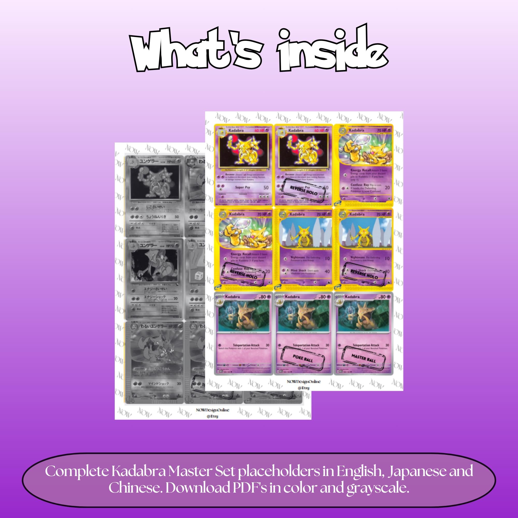 Kadabra binder pages set overview showing the included Pokémon cards to print and cut for your binder sleeves.
