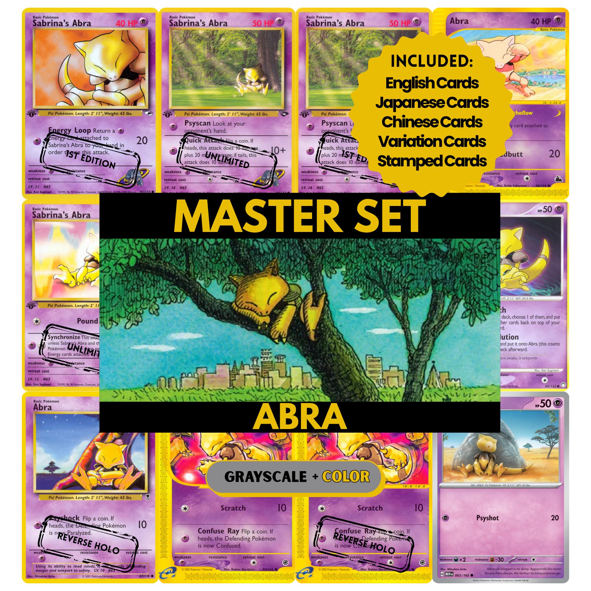 Abra binder pages set showing grayscale and color Pokémon cards, designed as a digital download to complete a collector’s binder.