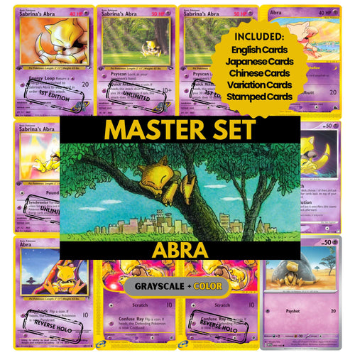 Abra binder pages set showing grayscale and color Pokémon cards, designed as a digital download to complete a collector’s binder.