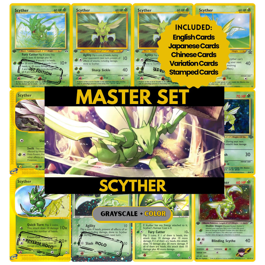 Scyther binder pages set showing grayscale and color Pokémon cards, designed as a digital download to complete a collector’s binder.