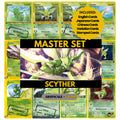 Scyther binder pages set showing grayscale and color Pokémon cards, designed as a digital download to complete a collector’s binder.