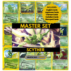 Scyther binder pages set showing grayscale and color Pokémon cards, designed as a digital download to complete a collector’s binder.