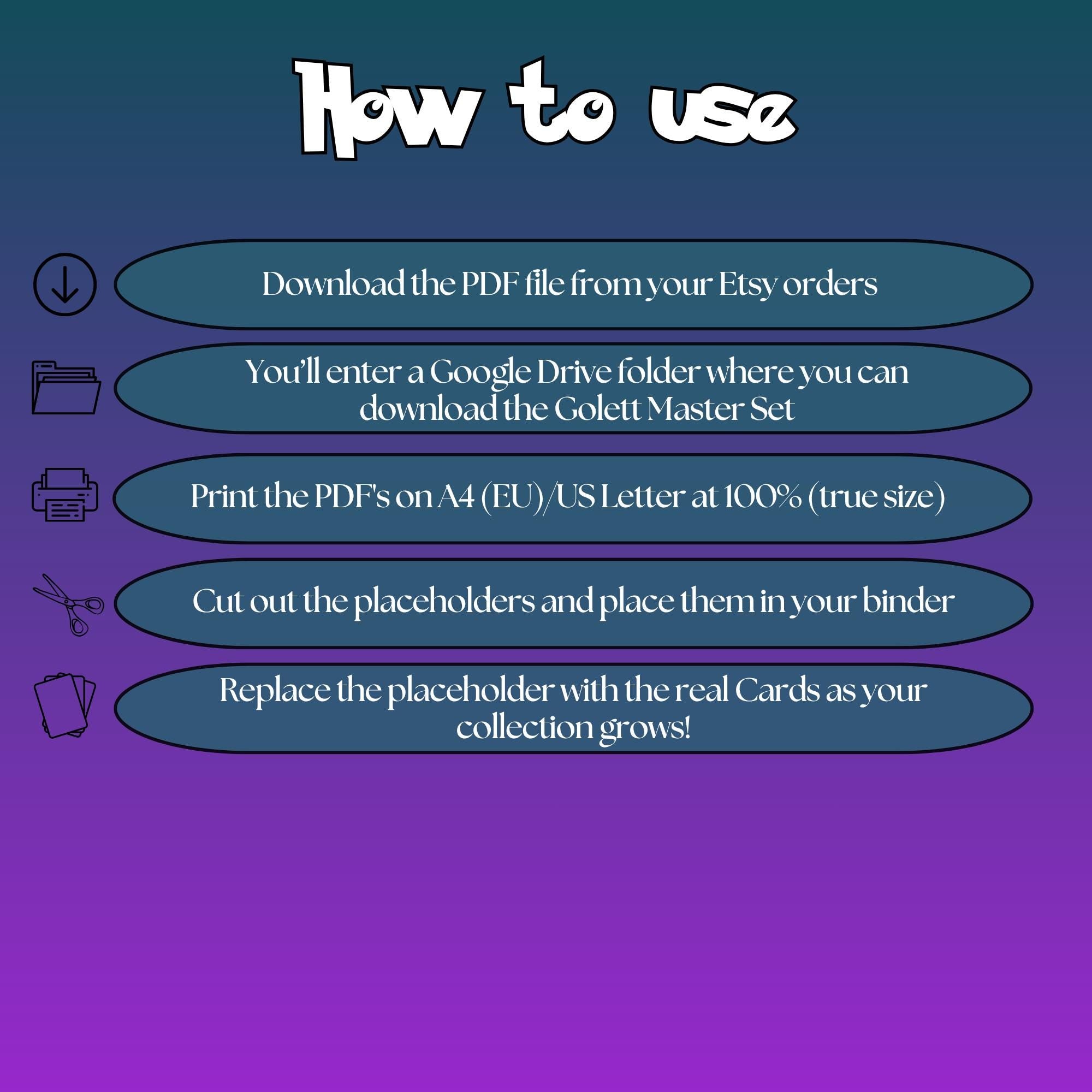Golett cards digital download instructions explaining how to print, cut, and place placeholders in a Pokémon binder.