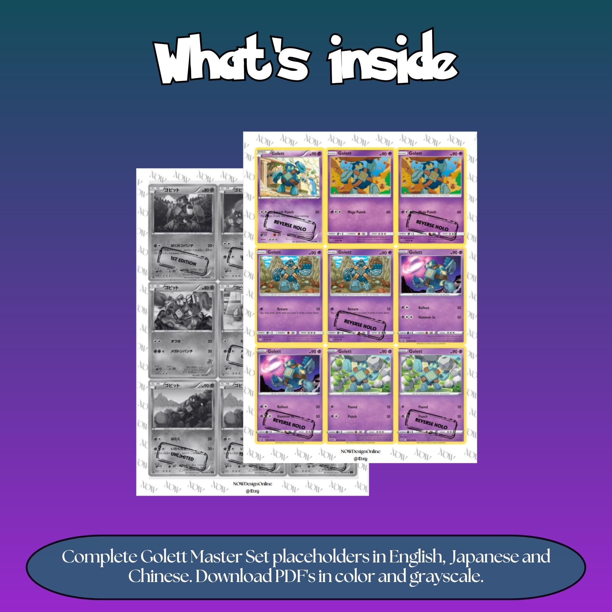 Golett binder pages set overview showing the included Pokémon cards to print and cut for your binder sleeves.