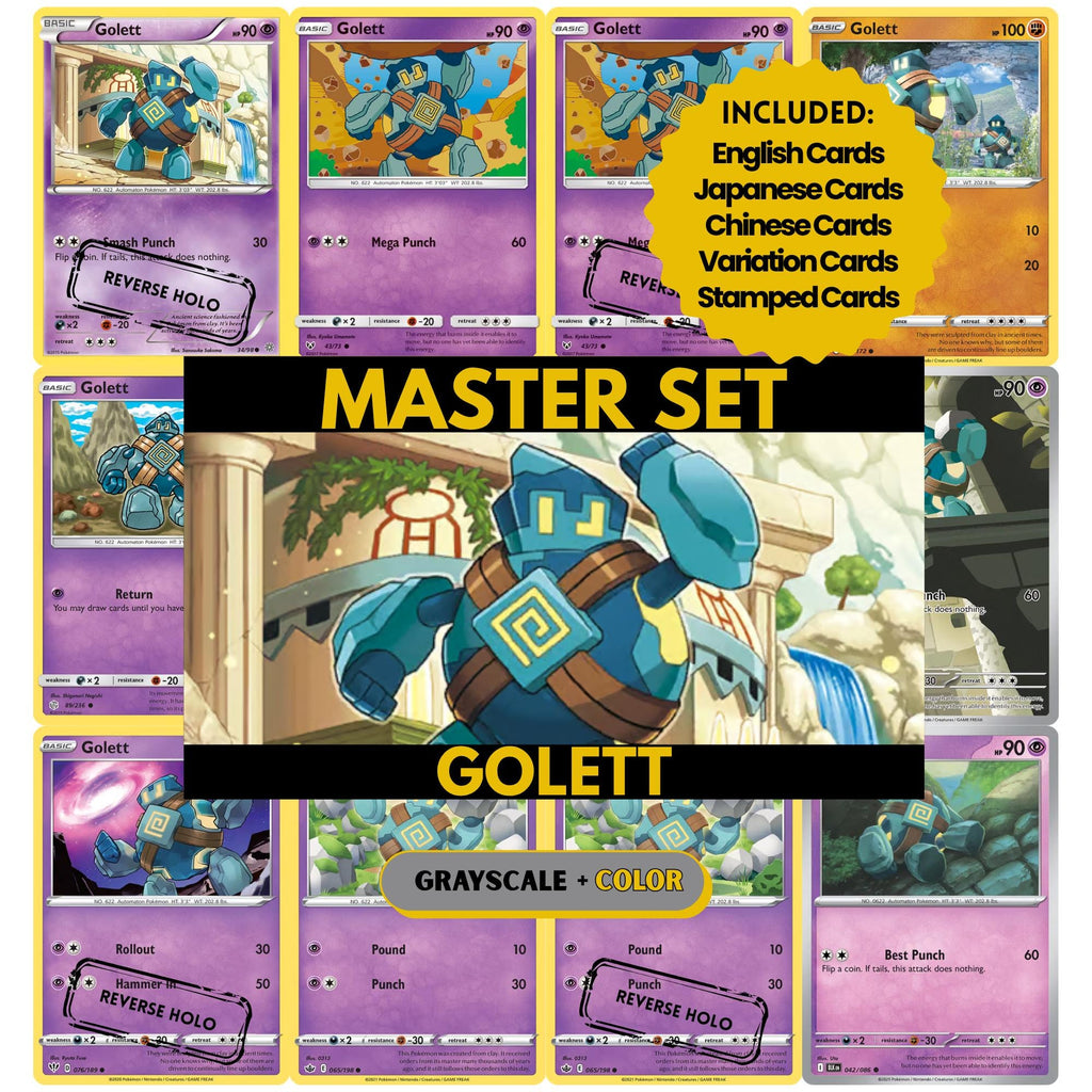Golett binder pages set showing grayscale and color Pokémon cards, designed as a digital download to complete a collector’s binder.