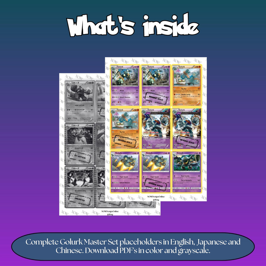 Golurk binder pages set overview showing the included Pokémon cards to print and cut for your binder sleeves.