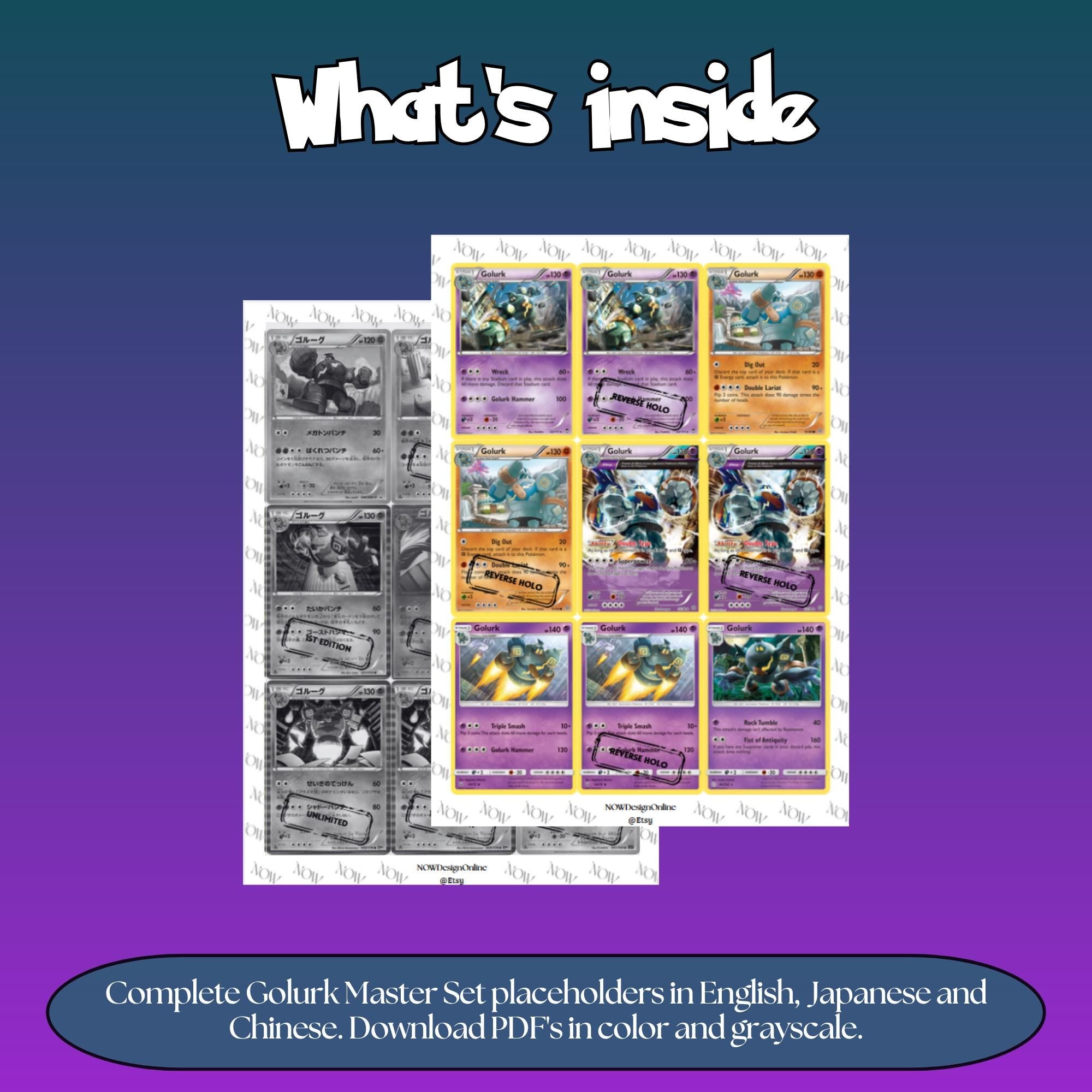 Golurk binder pages set overview showing the included Pokémon cards to print and cut for your binder sleeves.