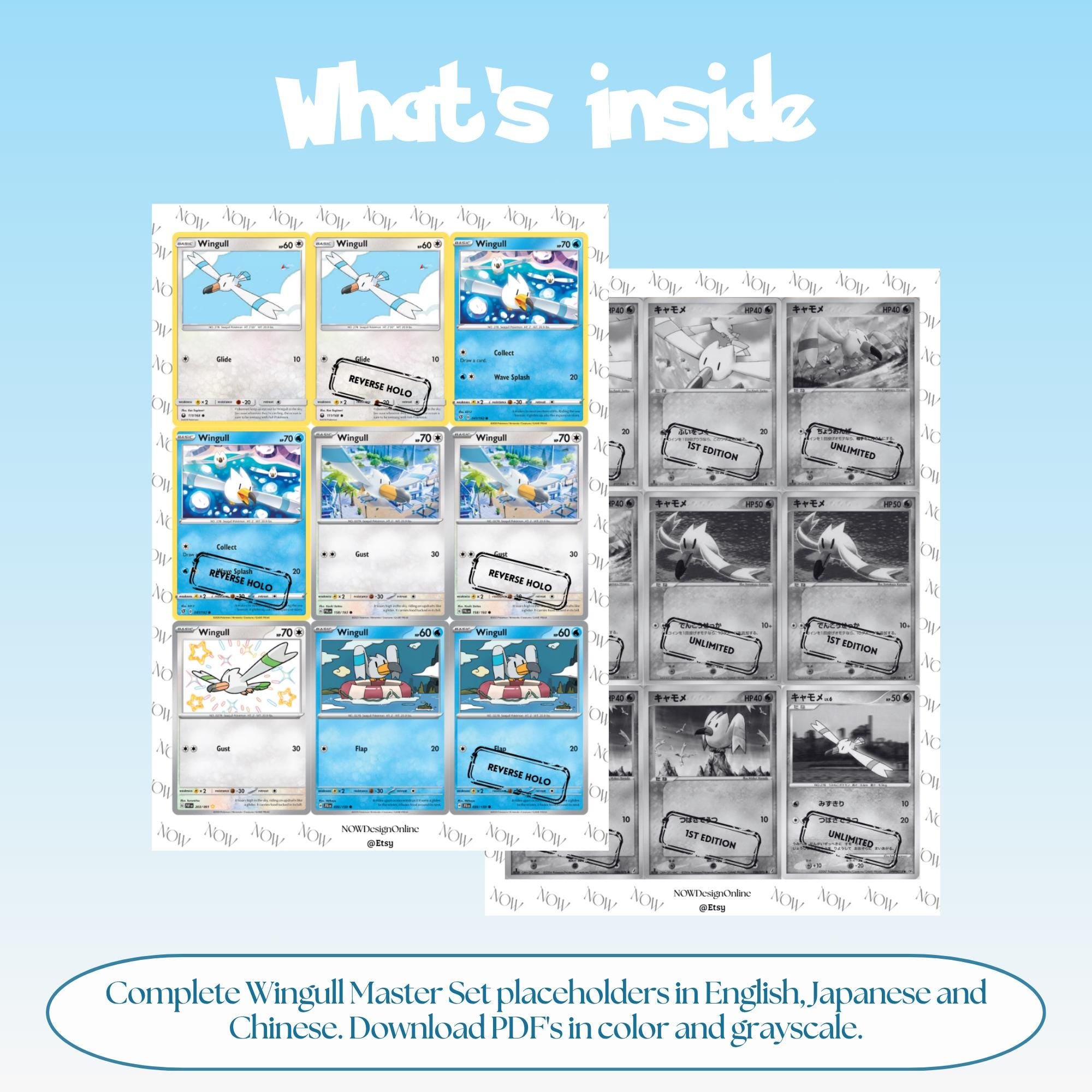 Wingull binder pages set overview showing the included Pokémon cards to print and cut for your binder sleeves.