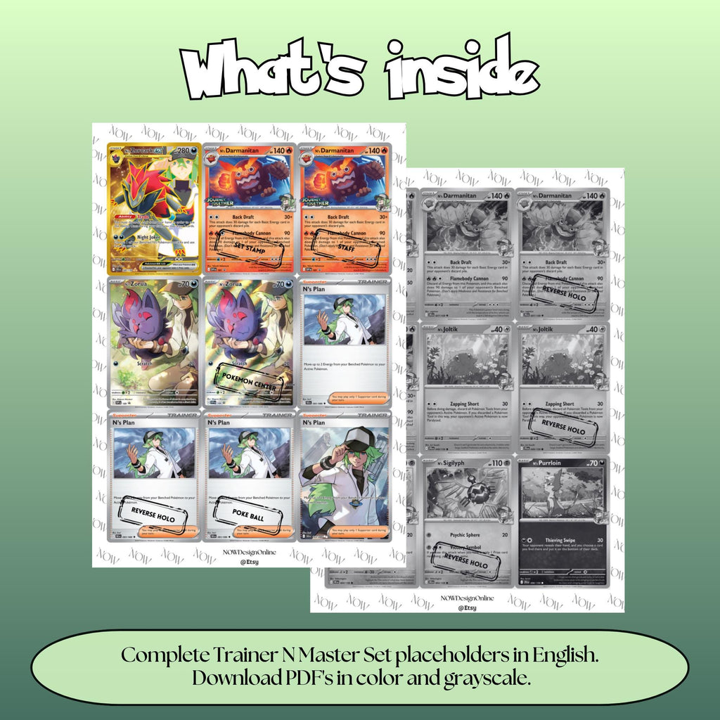 Trainer N Master set overview showing the included Pokémon cards to print and cut for your binder sleeves in grayscale and color.