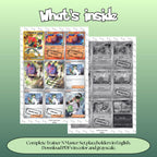 Trainer N Master set overview showing the included Pokémon cards to print and cut for your binder sleeves in grayscale and color.