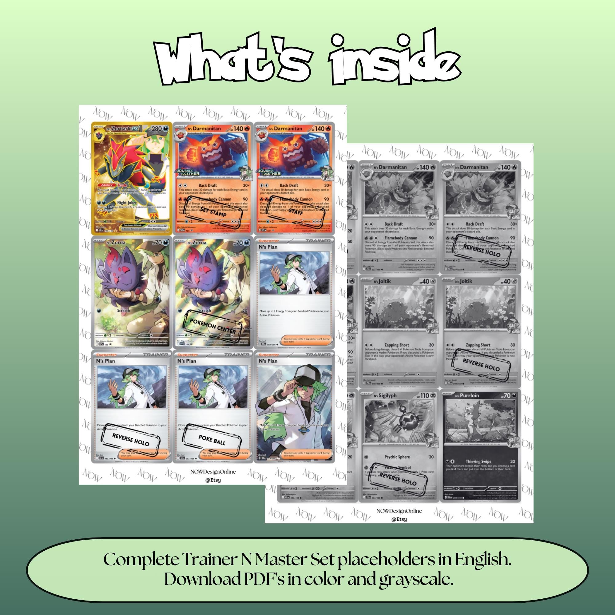 Trainer N Master set overview showing the included Pokémon cards to print and cut for your binder sleeves in grayscale and color.