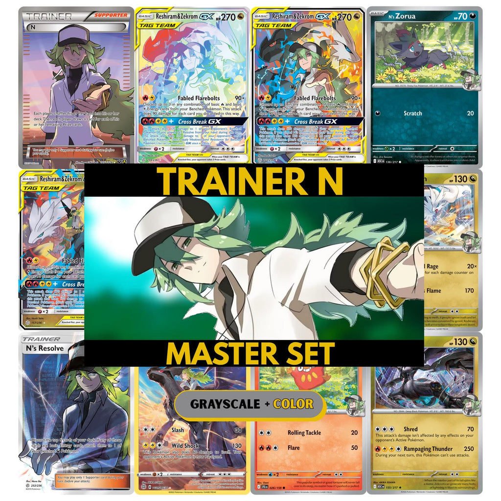 Trainer N Master Set binder pages set showing Pokémon placeholders in grayscale and color, designed as a digital download to complete a collector’s binder.