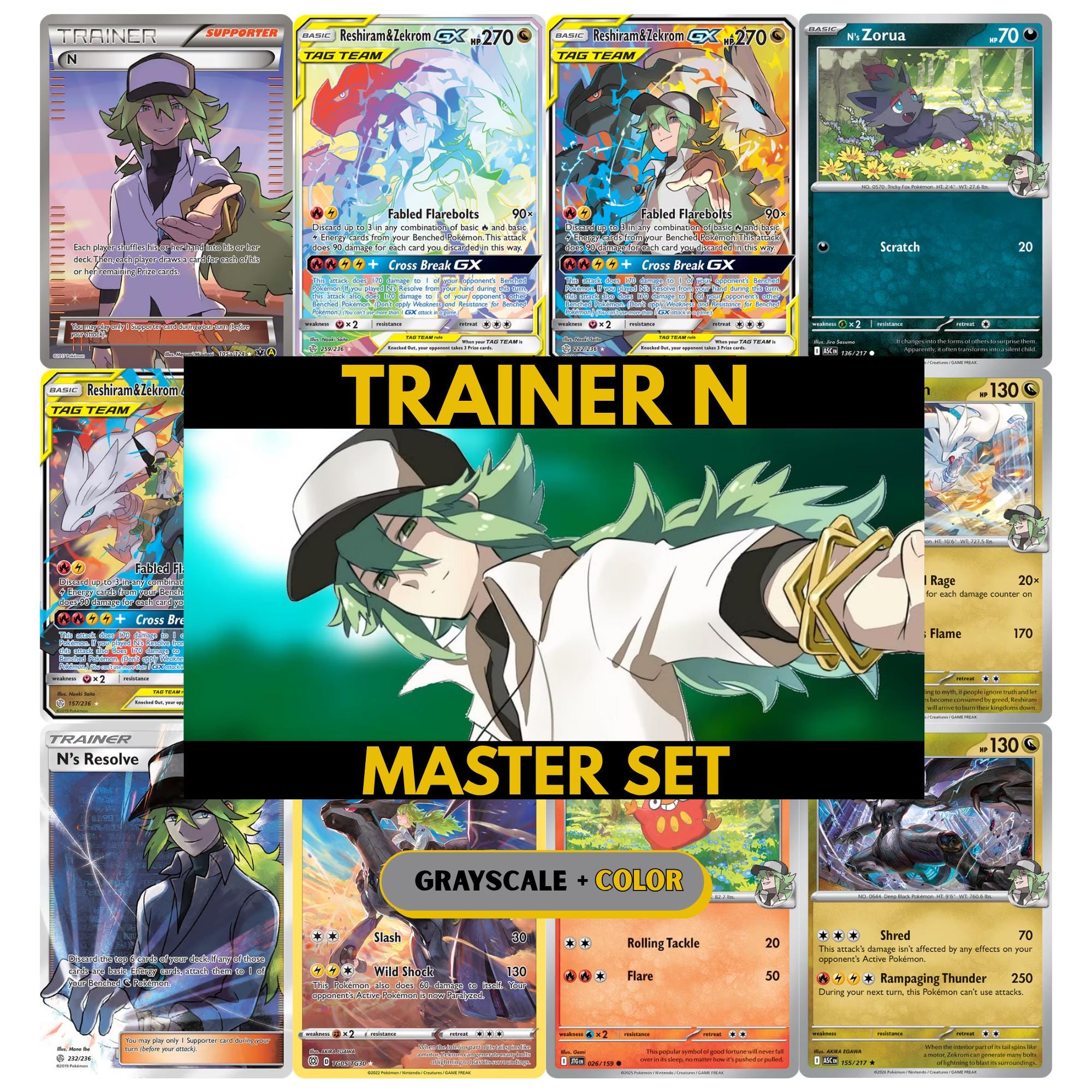 Trainer N Master Set binder pages set showing Pokémon placeholders in grayscale and color, designed as a digital download to complete a collector’s binder.