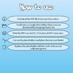 Dewgong cards digital download instructions explaining how to print, cut, and place placeholders in a Pokémon binder.