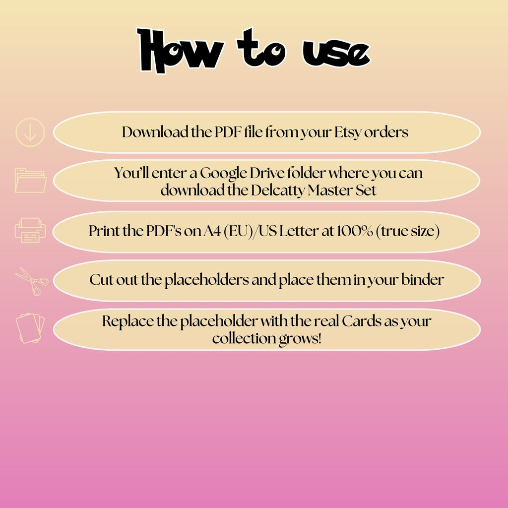 Delcatty cards digital download instructions explaining how to print, cut, and place placeholders in a Pokémon binder.