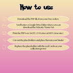 Delcatty cards digital download instructions explaining how to print, cut, and place placeholders in a Pokémon binder.