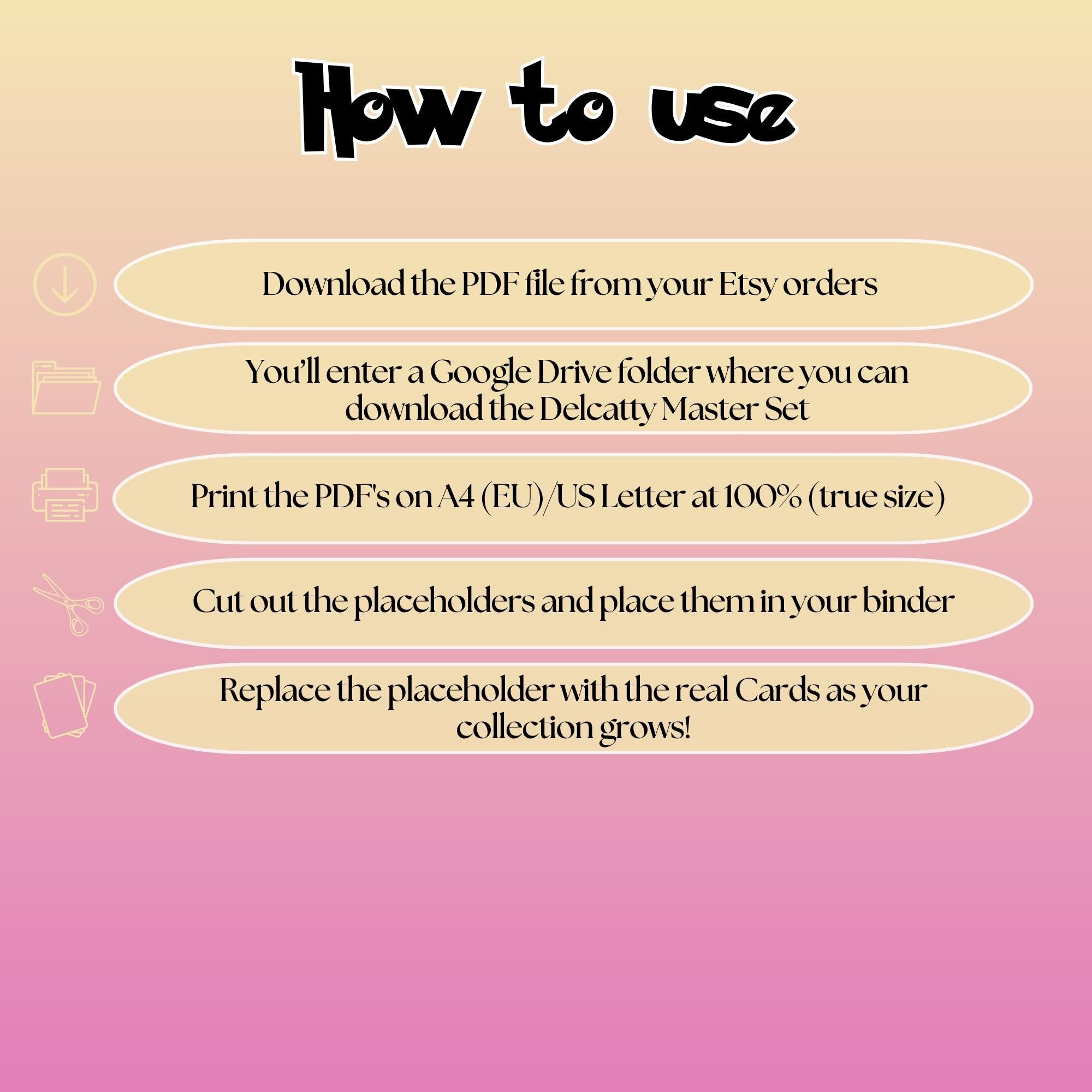 Delcatty cards digital download instructions explaining how to print, cut, and place placeholders in a Pokémon binder.