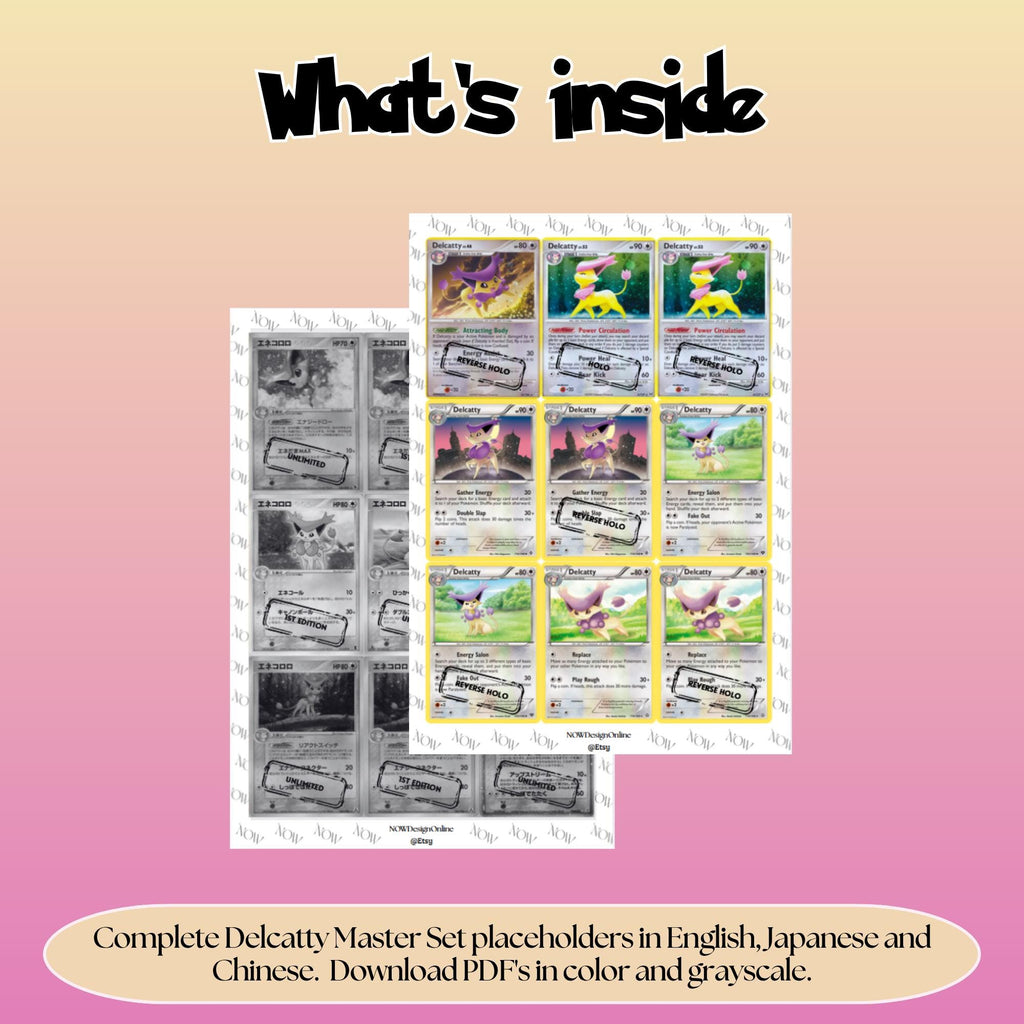 Delcatty binder pages set overview showing the included Pokémon cards to print and cut for your binder sleeves.