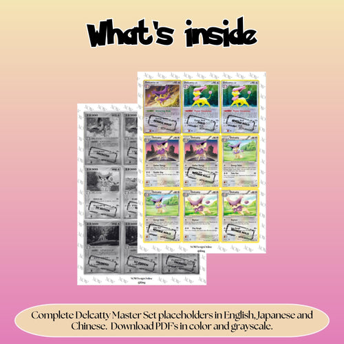 Delcatty binder pages set overview showing the included Pokémon cards to print and cut for your binder sleeves.