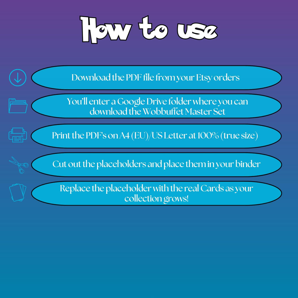 Wobbuffet cards digital download instructions explaining how to print, cut, and place placeholders in a Pokémon binder.