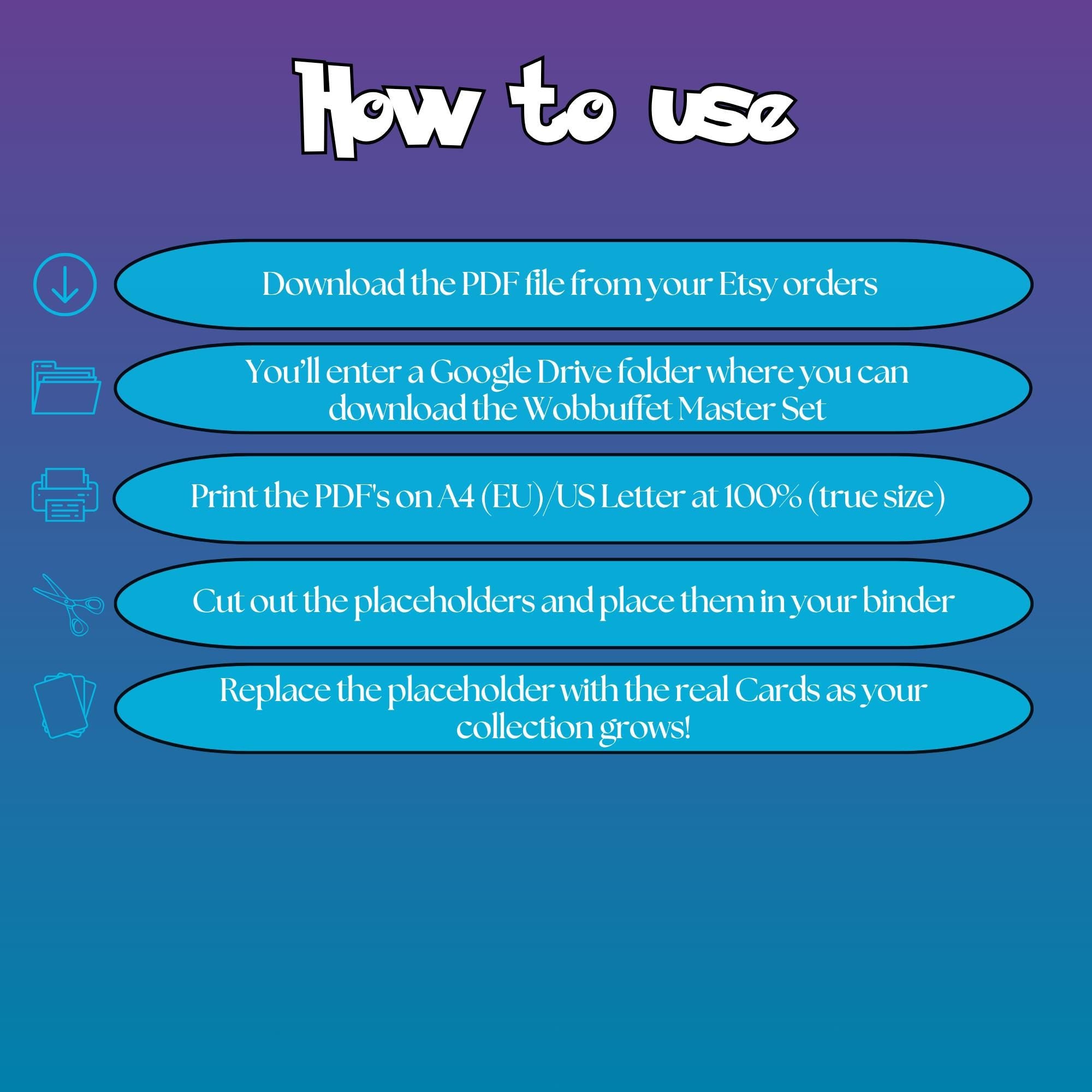 Wobbuffet cards digital download instructions explaining how to print, cut, and place placeholders in a Pokémon binder.