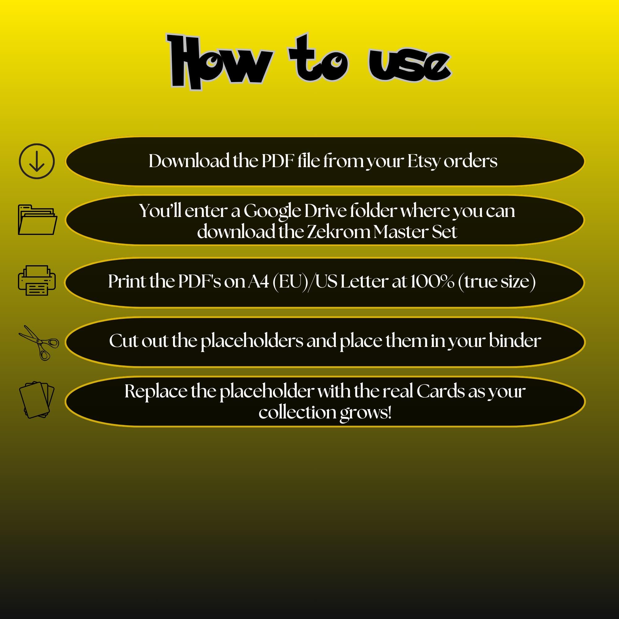Zekrom cards digital download instructions explaining how to print, cut, and place placeholders in a Pokémon binder.