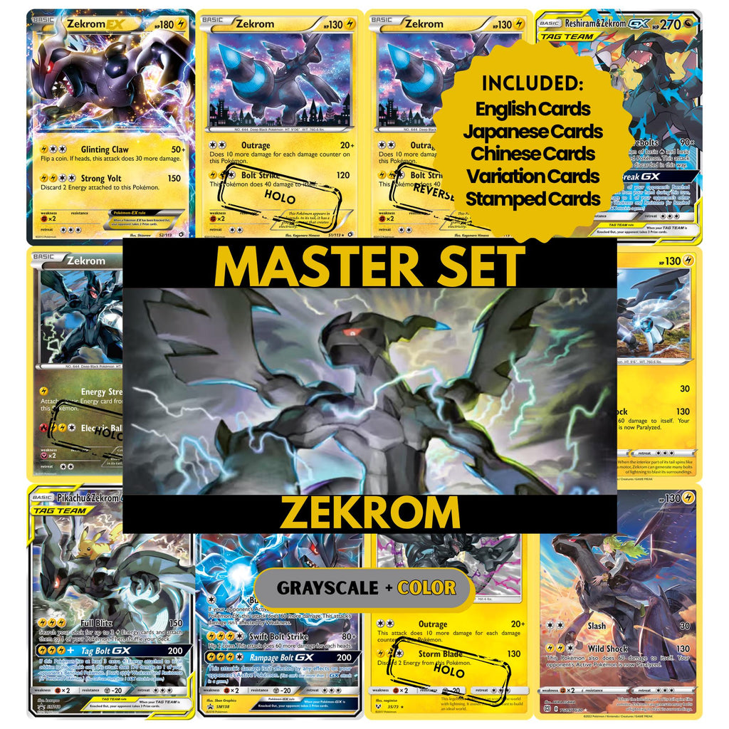 Zekrom binder pages set showing grayscale and color Pokémon cards, designed as a digital download to complete a collector’s binder.