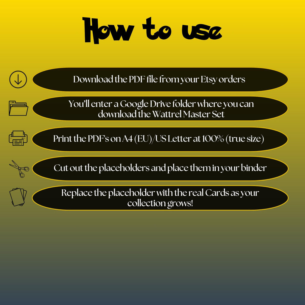 Wattrel cards digital download instructions explaining how to print, cut, and place placeholders in a Pokémon binder.