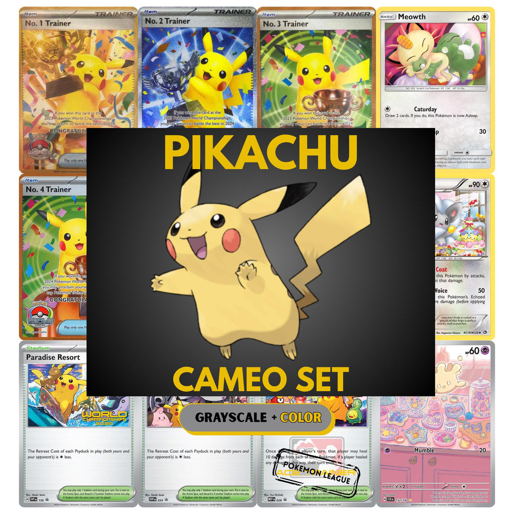 Pikachu Cameo binder pages set showing grayscale and color Pokémon cards, designed as a digital download to complete a collector’s binder.