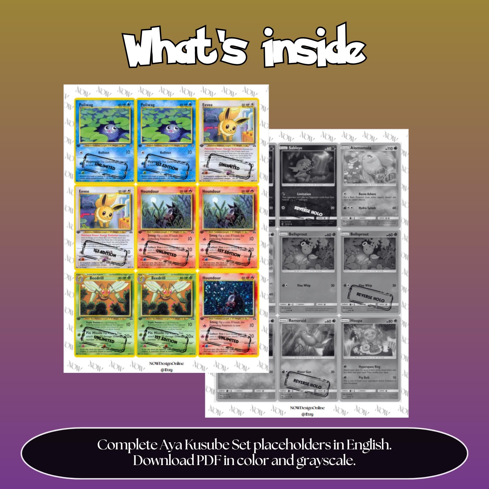 Aya Kusube illustrator set overview showing the included Pokémon cards to print and cut for your binder sleeves.