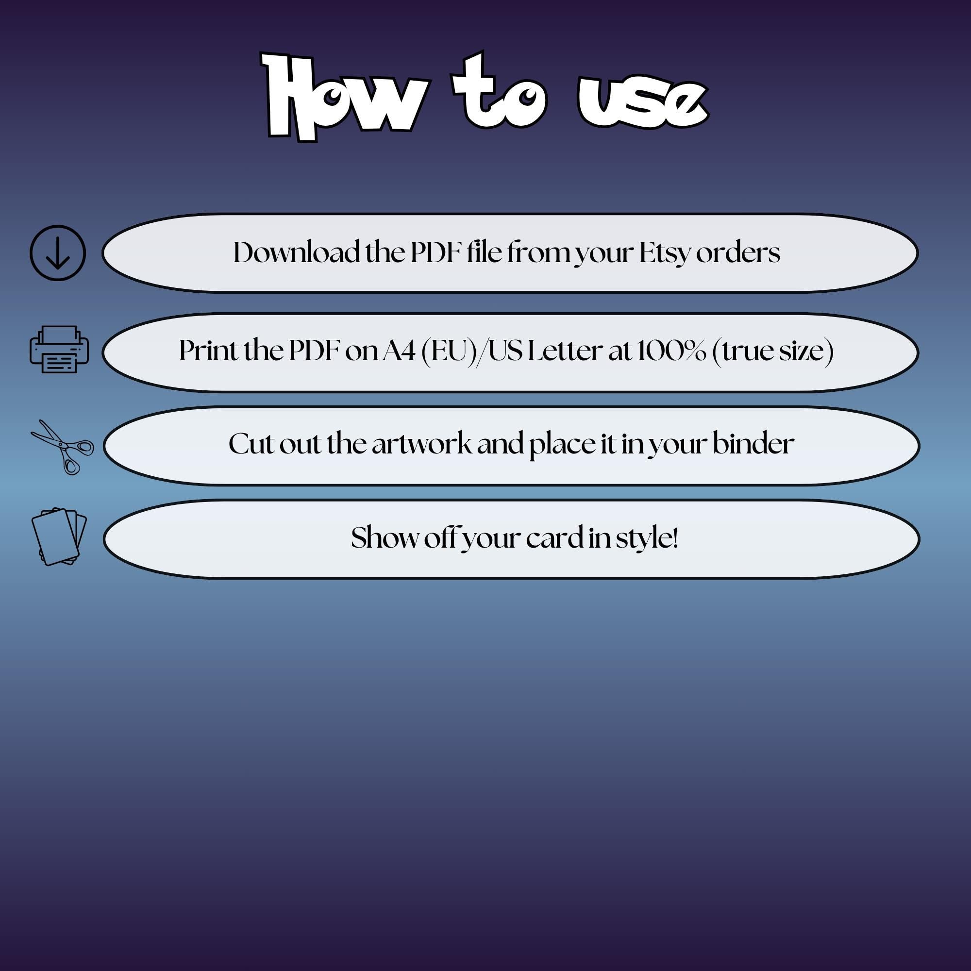 How to use instructions for printable Zekrom extended binder art, showing steps for downloading, printing, cutting and inserting the artwork to your binder.