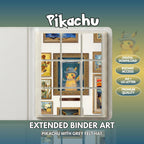 Extended binder art cover featuring Pikachu with Grey Felt Hat in a 3×3 binder layout, with framed artwork accents and digital download labels.