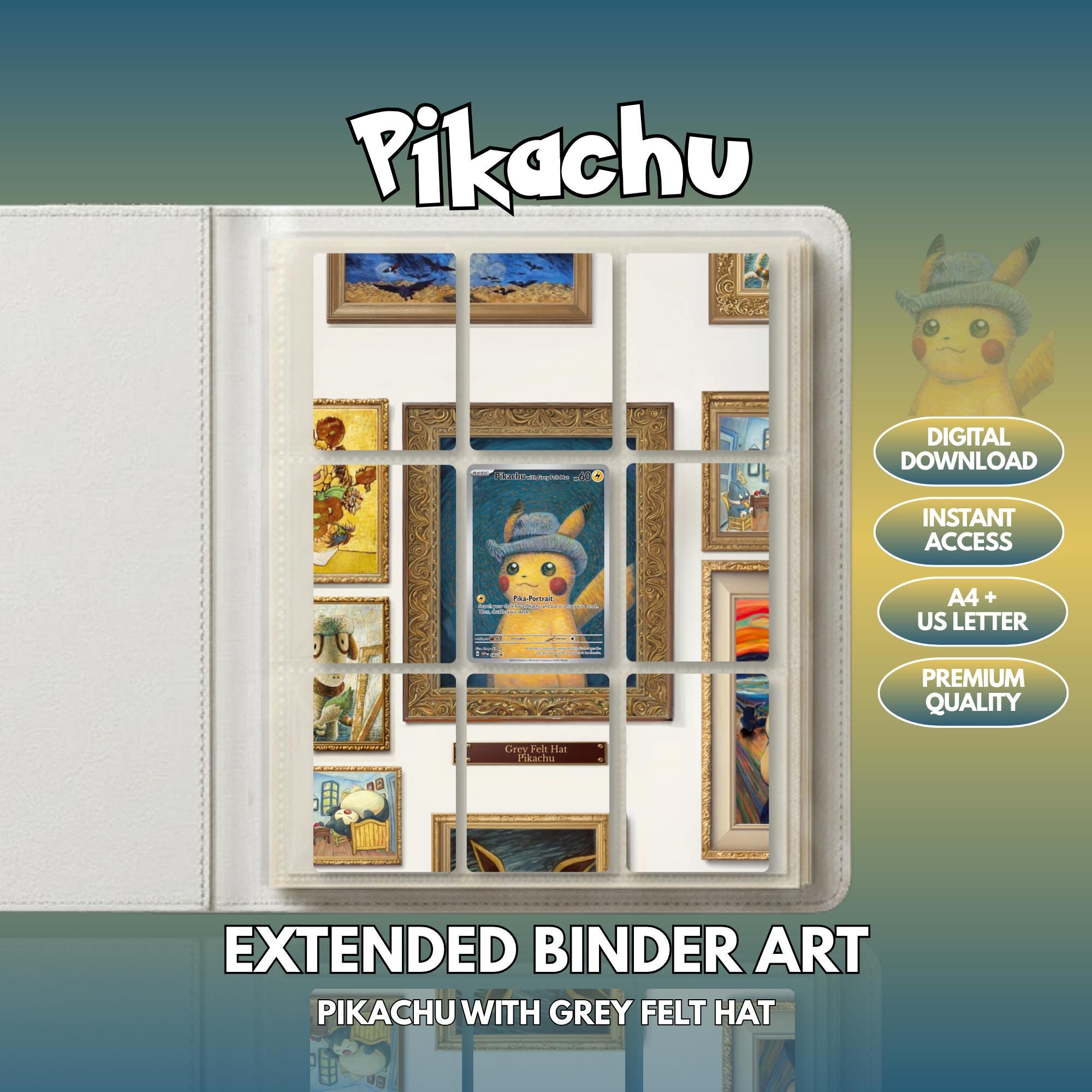 Extended binder art cover featuring Pikachu with Grey Felt Hat in a 3×3 binder layout, with framed artwork accents and digital download labels.