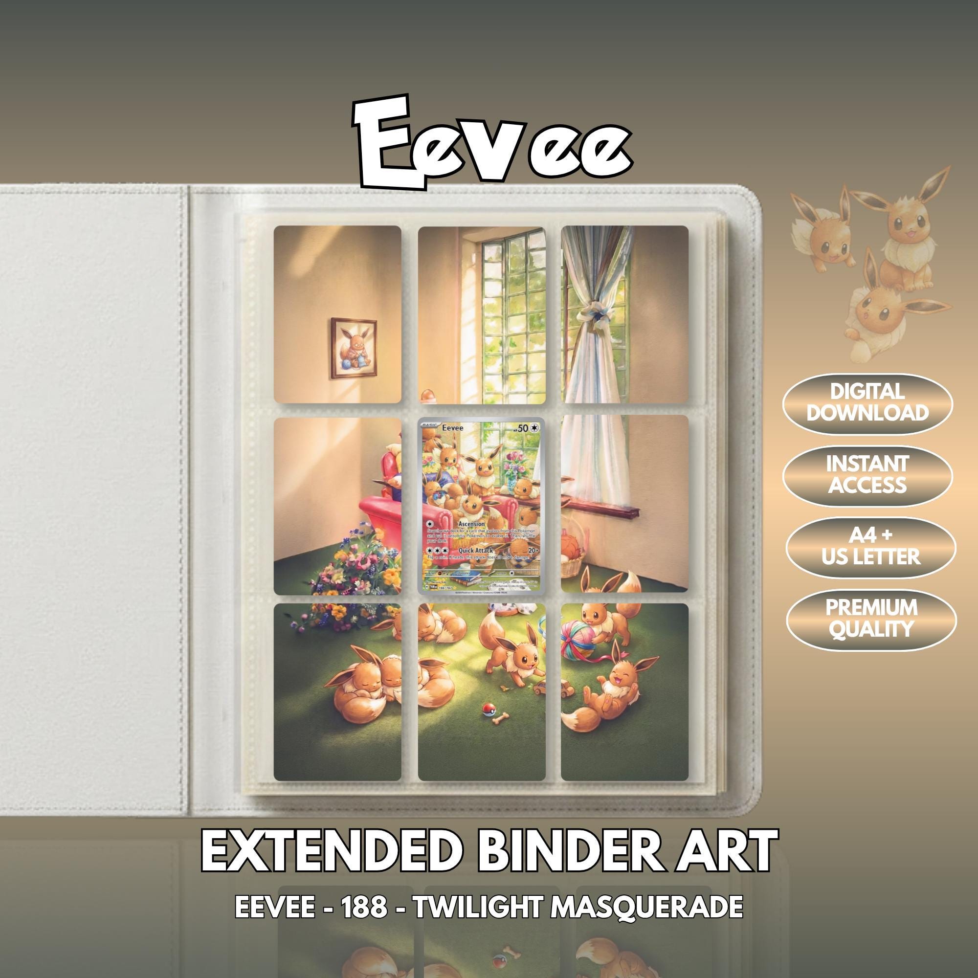 Extended binder art cover featuring Eevee Card in a 3×3 binder layout, with framed artwork accents and digital download labels.